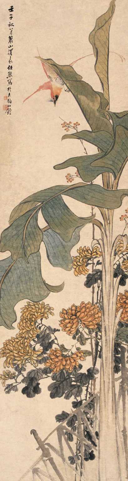 任熊 壬子（1852年）作 绶带芭蕉 立轴